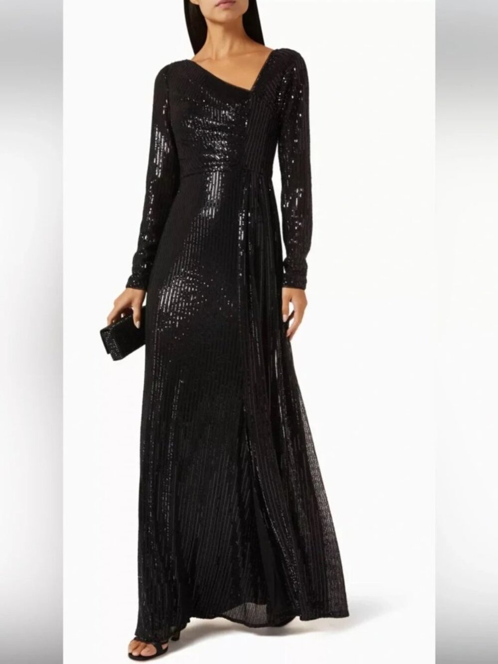 BADGLEY MISCHKA Collection Draped Sequin Striped Gown Long Sleeve Dress Size 4 - Picture 3 of 7
